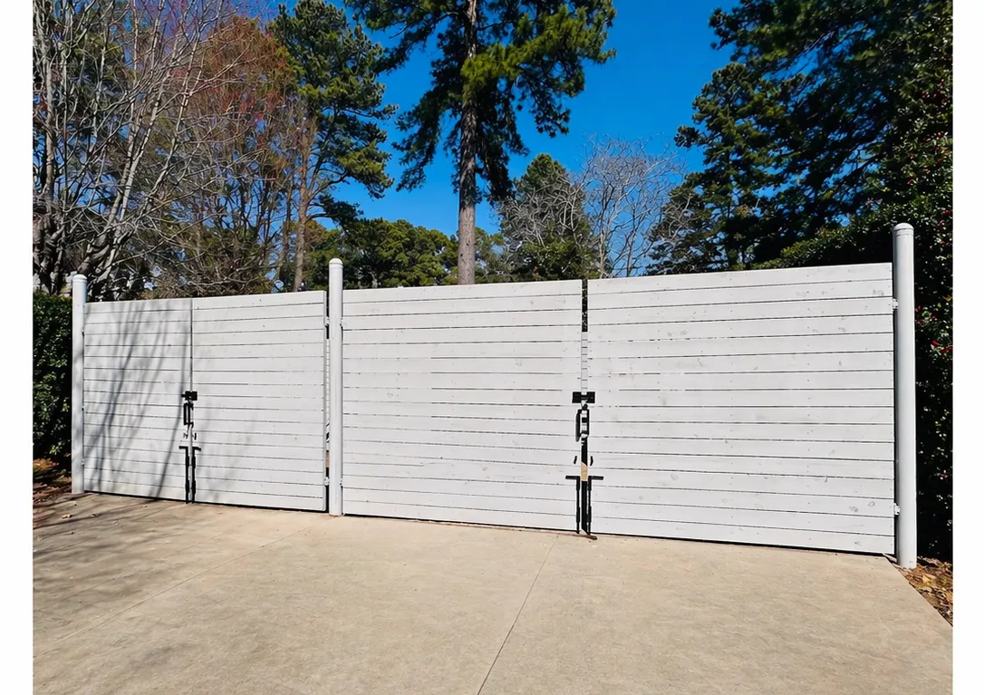White wooden gate with surrounding trees.