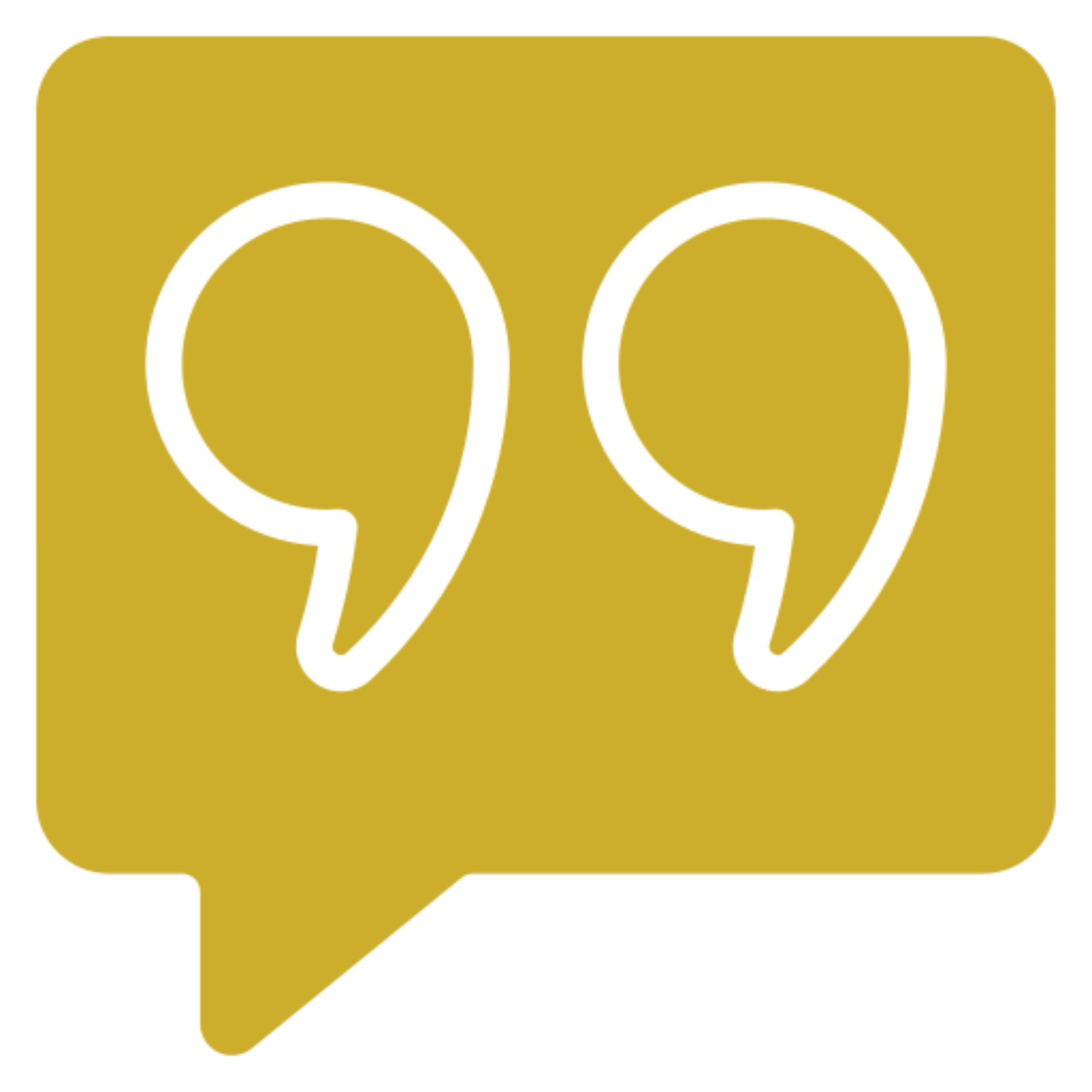 Yellow speech bubble with black quotation marks.
