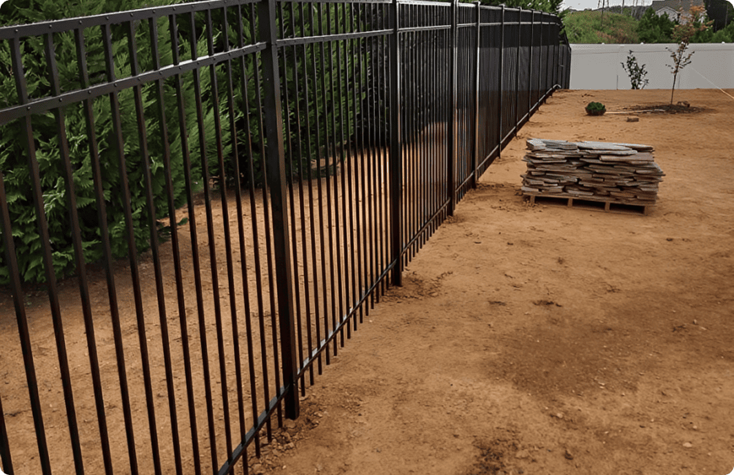 Metal fence beside dirt and stacked tiles.