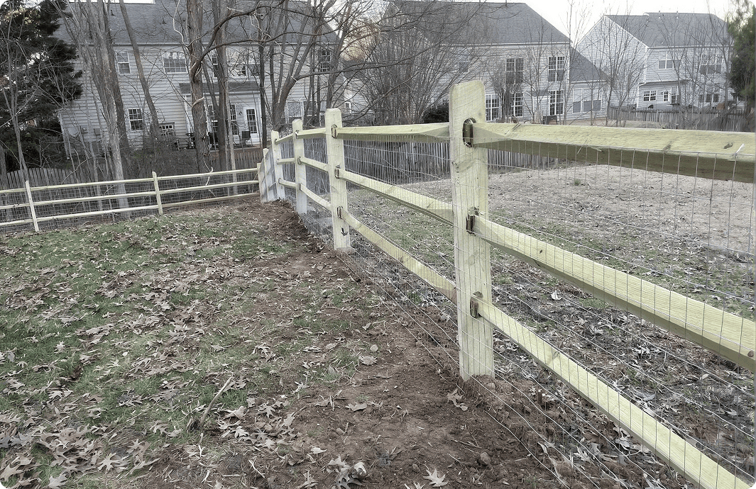 Wooden fence bordering suburban backyards in fall.