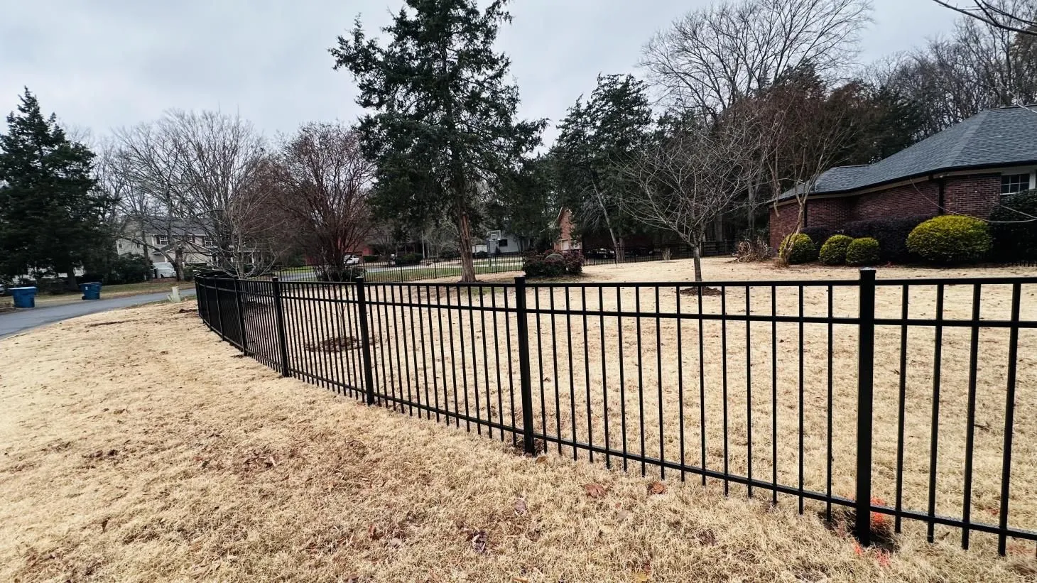 Black metal fence beside suburban yard.