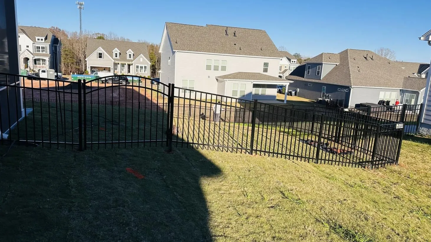 Suburban backyard with black metal fence.