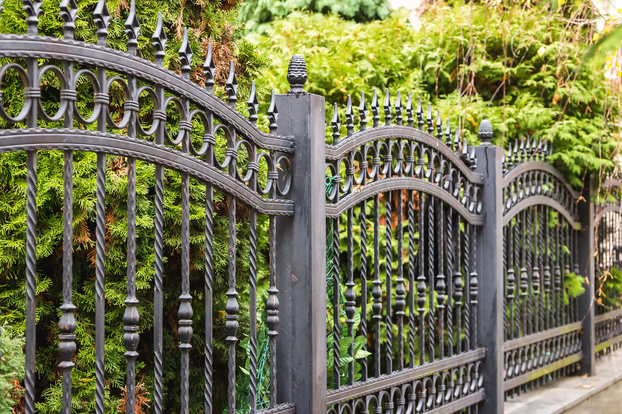 Ornate black wrought-iron fence with hedges