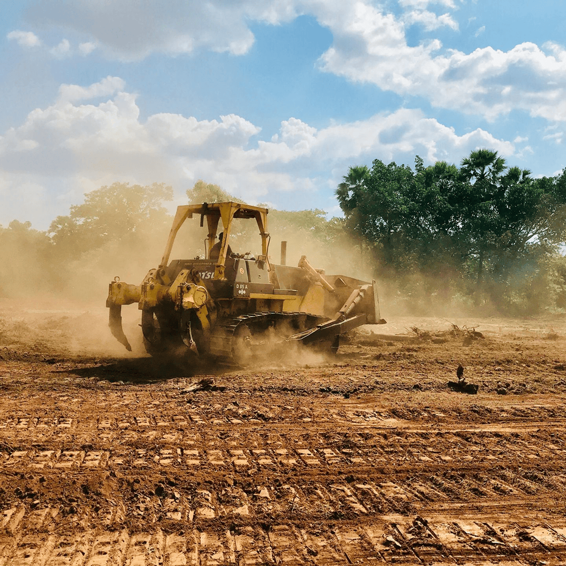 Bulldozer clearing land under a blue sky.