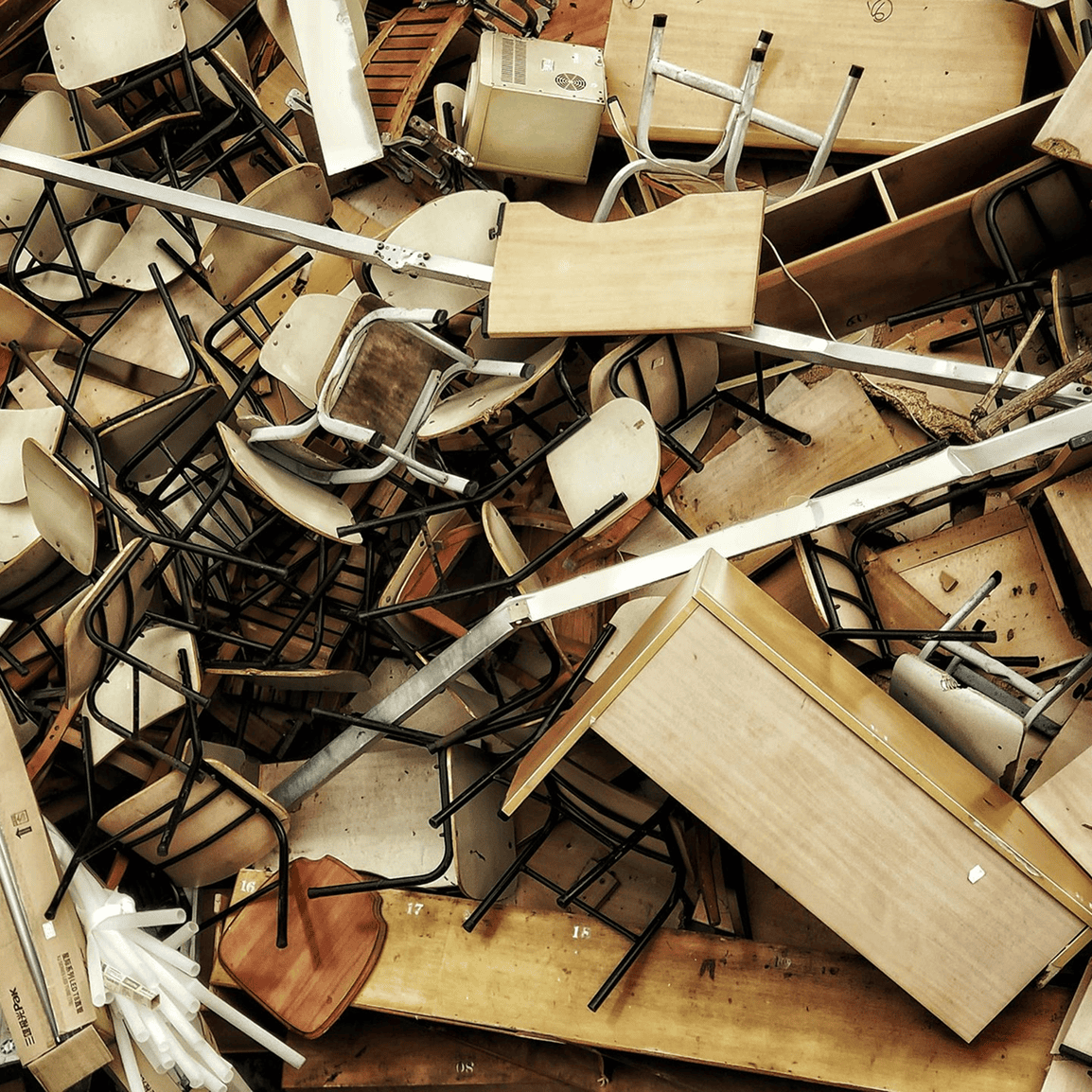 Pile of scattered chairs and wooden desks.