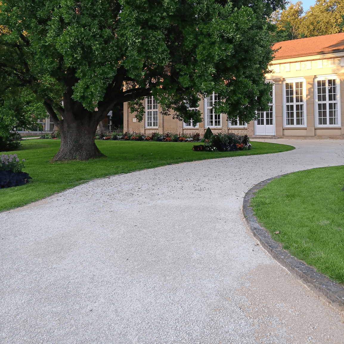Tree-lined path leading to a building.
