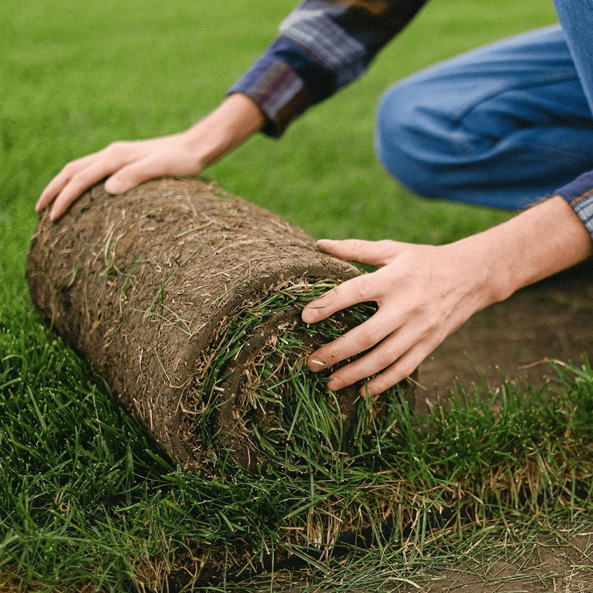 Person laying roll of sod on lawn.